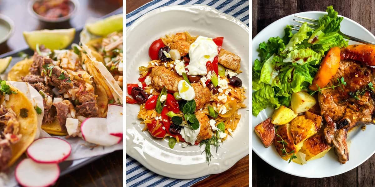 Enjoy summer 20 minute dinners with three vibrant plates: tacos topped with sliced radishes, a Greek chicken dish featuring vegetables and feta, and grilled meat served alongside roasted potatoes and salad.