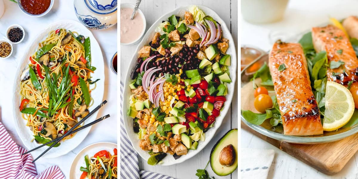 Three plates of food: a vibrant noodle stir-fry with vegetables, a colorful salad with avocado and beans, and glazed salmon fillets on greens with lemon slices-perfect for quick 25 minute July Mediterranean diet dinners.