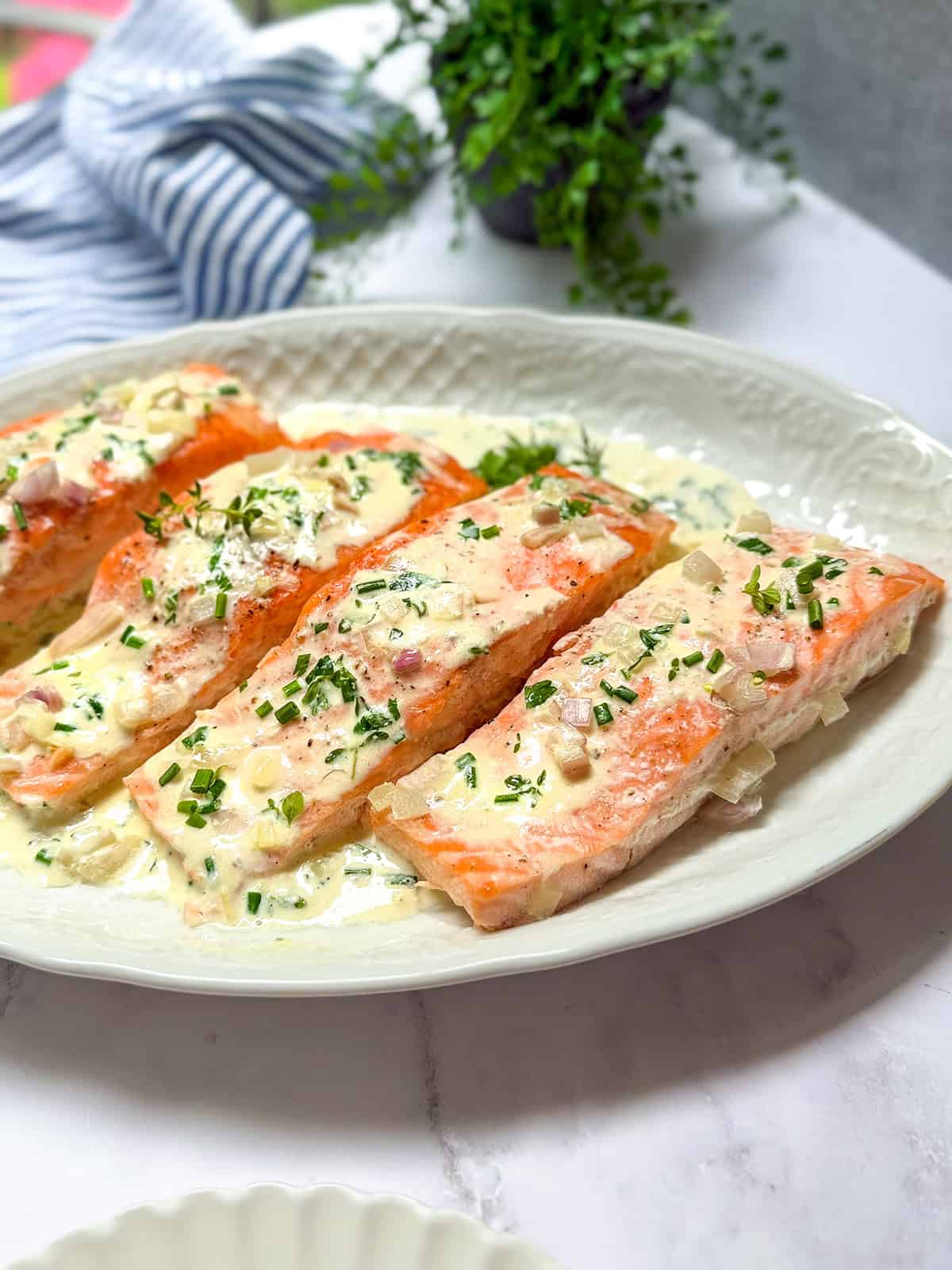 Four pieces of baked salmon with creamy white herb sauce and chopped herbs are arranged on a white oval serving dish.