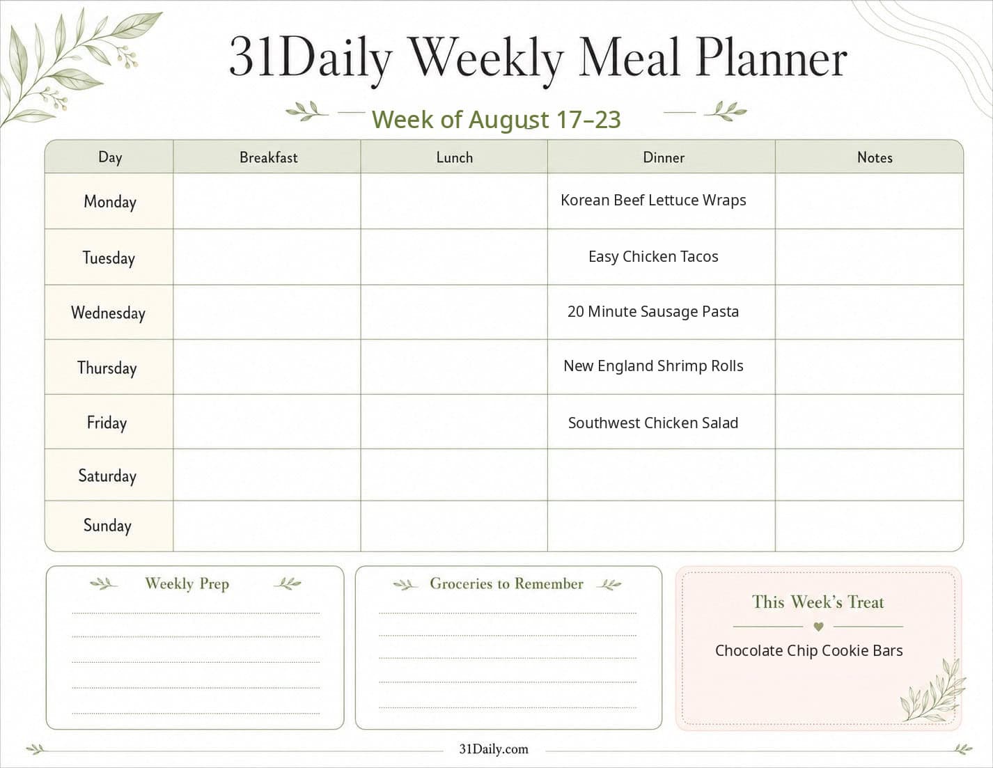 Printable Meal Planner with open spaces for breakfast, lunch, and a grocery list.