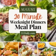 Collage promotional image for 20 minute Weeknight Dinners Meal Plan featuring lettuce wraps, shrimp rolls, chicken tacos, and more.