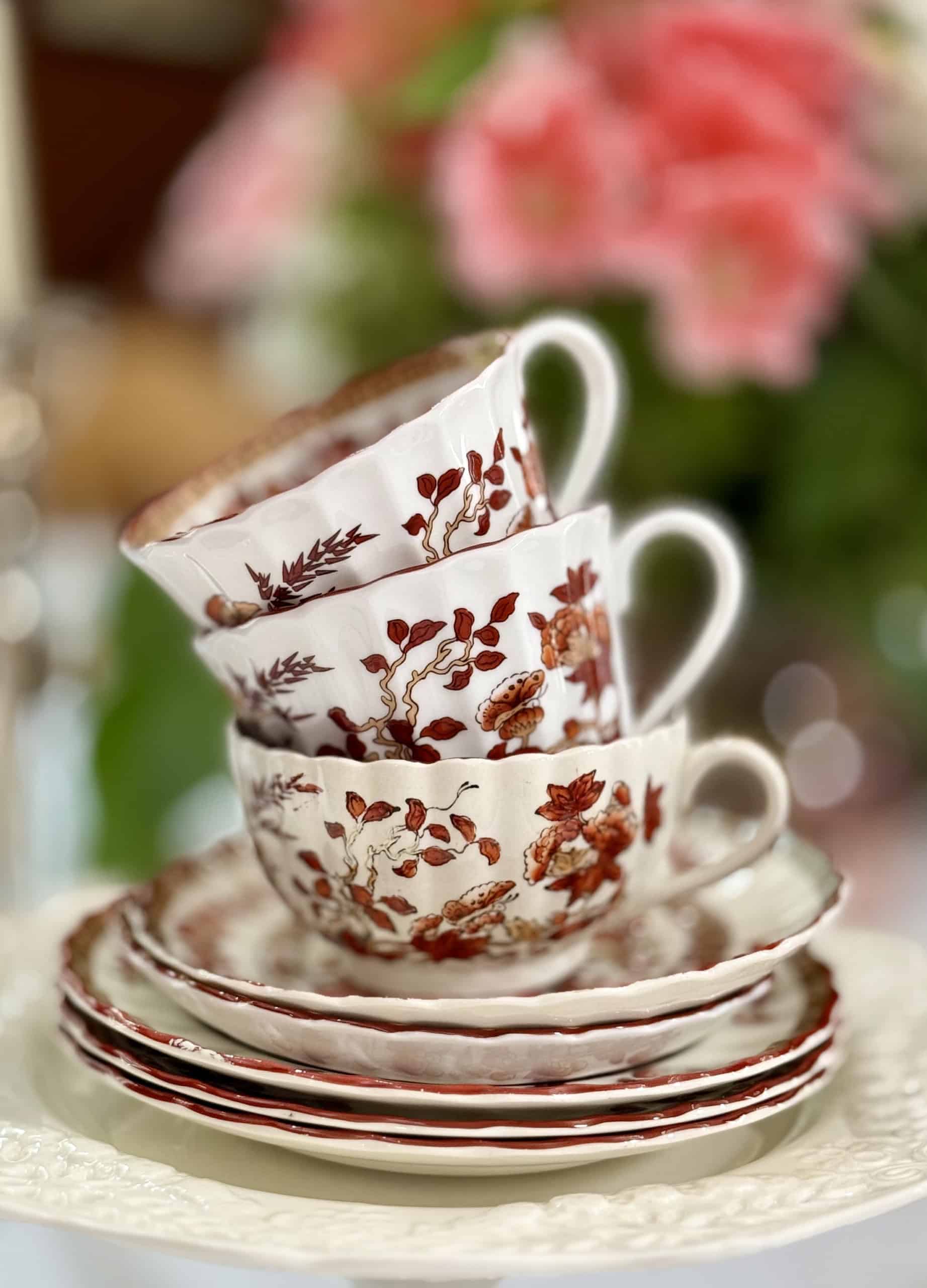 Stack of Spode India Tree teacups for an early fall afternoon tea.