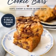 Promotional image with two stacked chocolate chip cookie bars on a plate with the words One Bowl Cookie Bars in text.