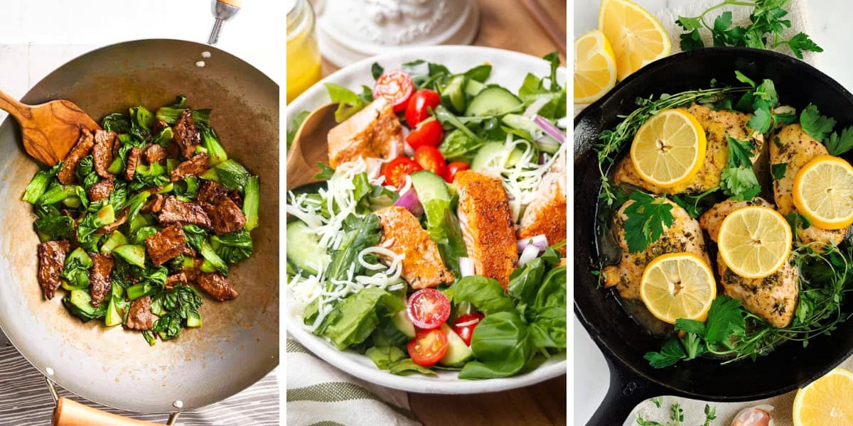 Three images showcasing healthy 20 minute dinners: stir-fried beef with greens in a wok, chicken salad with vegetables in a bowl, and lemon herb chicken in a skillet-perfect additions to your meal plan.