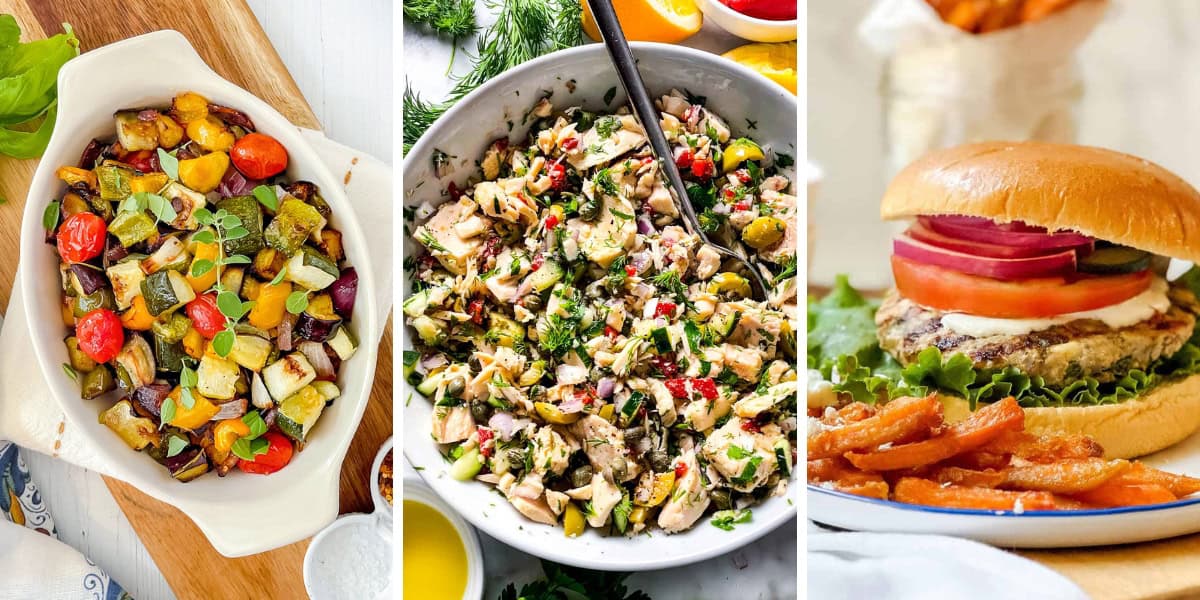 Three dishes, perfect for a light 30 minute dinner meal plan: roasted mixed vegetables in a white dish, a bowl of chopped chicken salad with herbs, and a chicken burger with lettuce, tomato, and red onion, served with sweet potato fries.