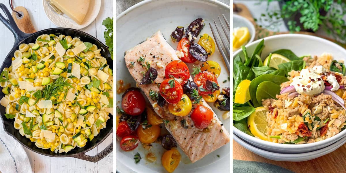 Three image collage featuring zucchini pasta, roasted salmon, ground turkey bowl meal and more.