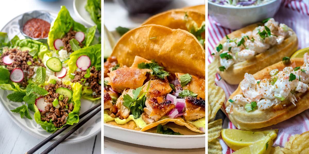 Three image collage featuring lettuce wraps, chicken tacos, and shrimp rolls for summery 20 minute dinners meal plan.