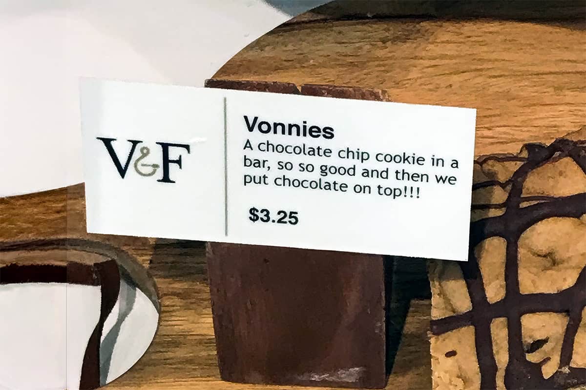 Coffeeshop sign for original Vonnies at Well and Good coffee shop.