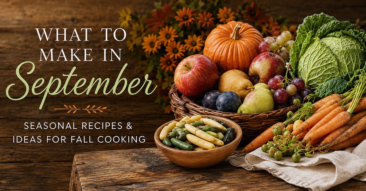 September seasonal produce with apples, pumpkin, corn, cabbage, carrots, and plums.