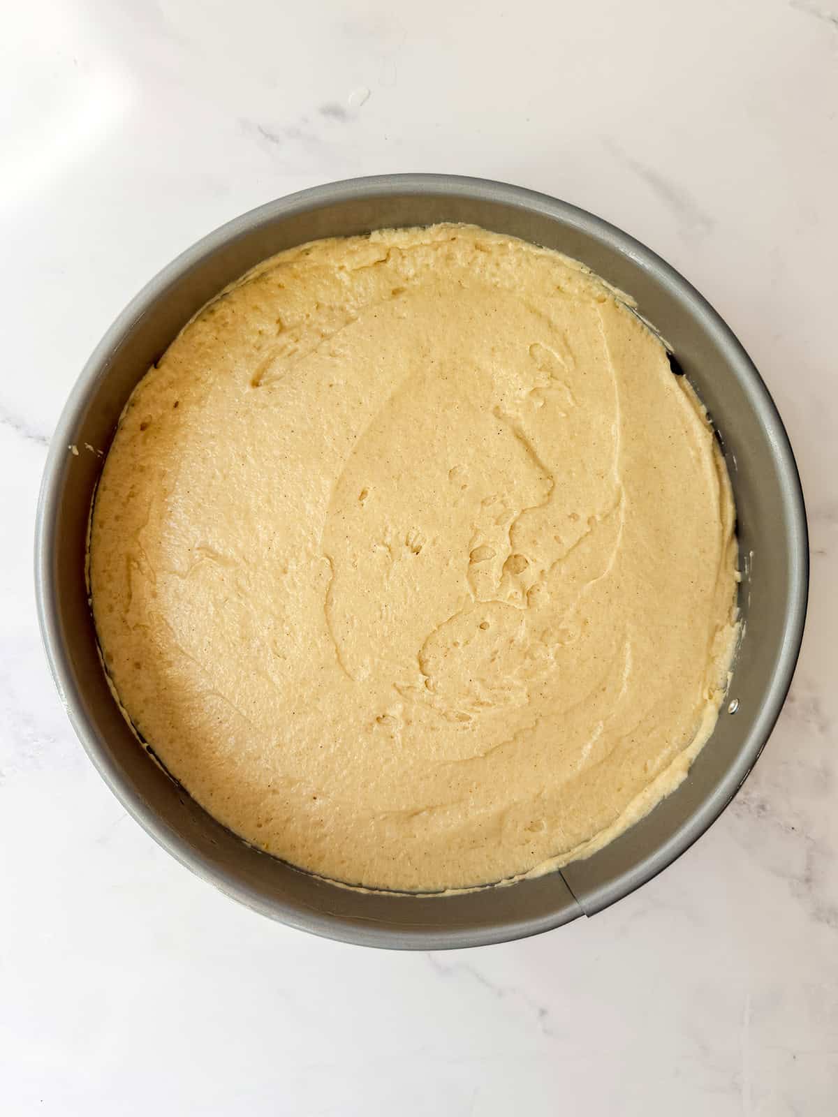 Smoothing cake batter in a 9-inch springform pan.