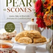 Pinterest Image of pear scones on a cake stand with text, "Ginger Pear Scones."