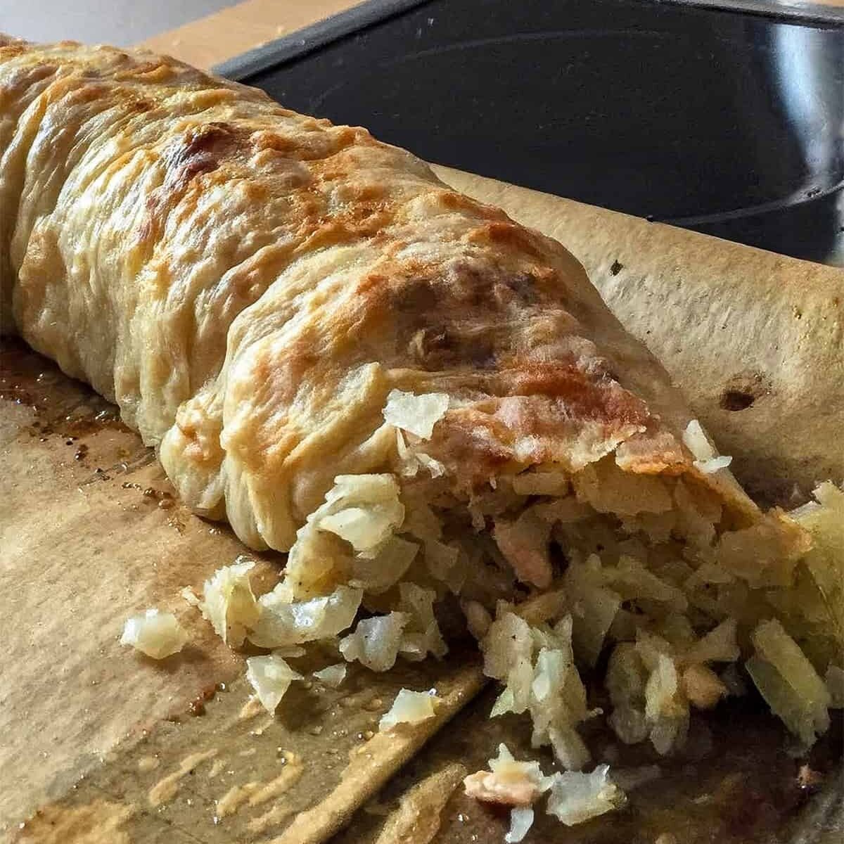 Krautstrudel with homemade strudel dough at in my niece's kitchen in Germany.