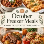 Four-panel Pinterest graphic featuring turkey chili, cheesy chicken enchiladas, cider-braised pot roast, and stuffed peppers with the title “October Freezer Meals — 4 Weeks of Cozy Make-Ahead Dinners.