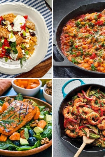 Mediterranean dinner collage with Greek chicken and orzo, white bean skillet, harvest salmon salad, and spicy shrimp with vegetables.