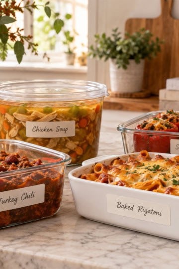 Kitchen counter featuring turkey chili, cheesy chicken enchiladas, cider-braised pot roast, and stuffed peppers for October freezer meal prep.