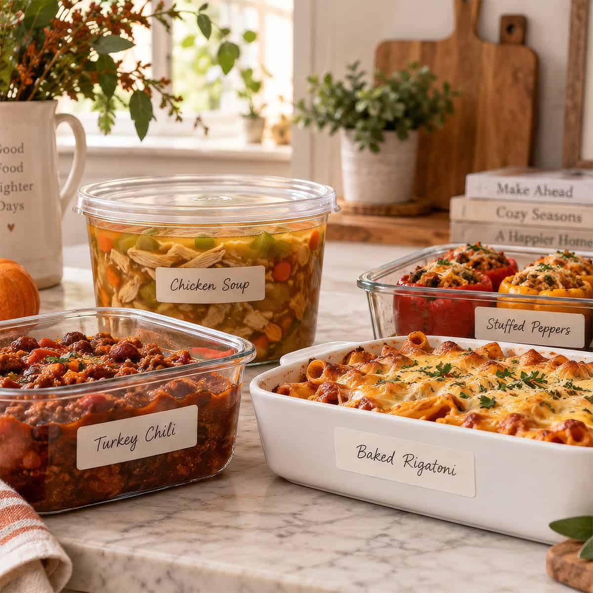 Kitchen counter featuring turkey chili, cheesy chicken enchiladas, cider-braised pot roast, and stuffed peppers for October freezer meal prep.