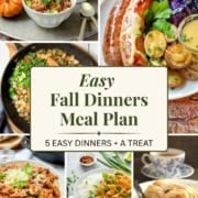 Easy fall dinners meal plan promotional Pinterest image featuring skillet dinners, chili, curry, bratwurst, and more.