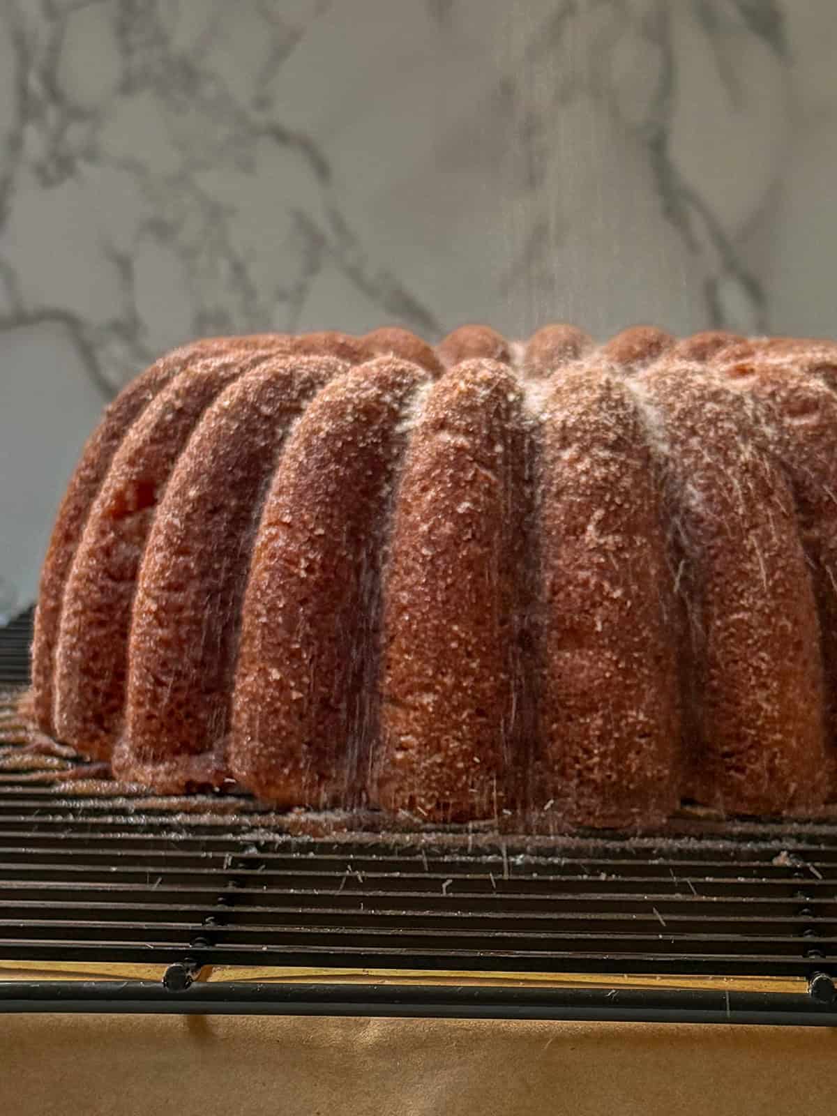 Sprinkling cinnamon sugar over warm apple cider Bundt cake resting on a cooling rack.