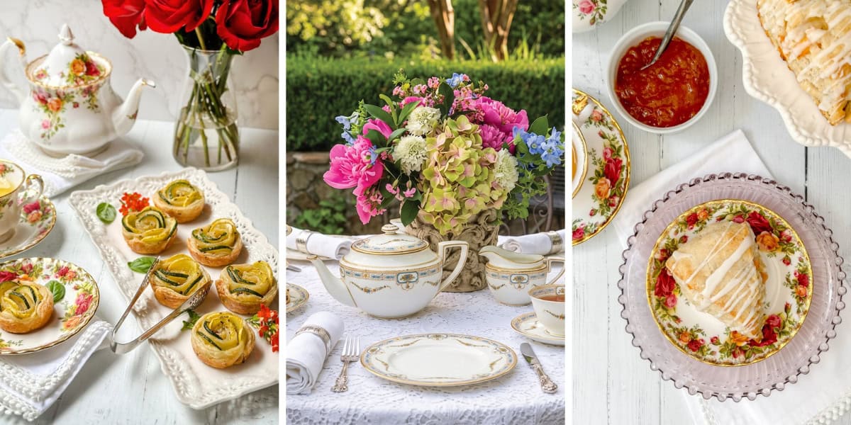 Three image collage featuring rose zucchini tartlets, apricot scones, and a September afternoon tea table setting.