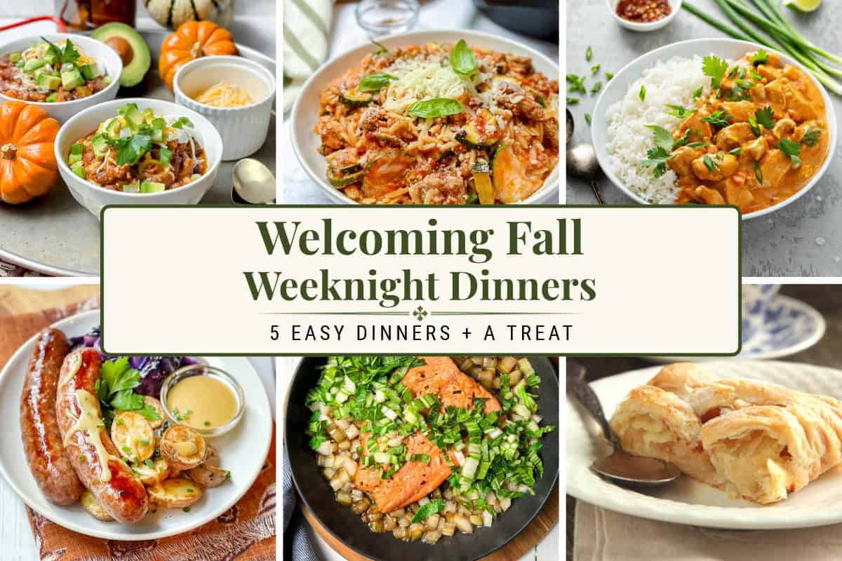 Horizontal collage featuring fall weeknight dinners like chili, zucchini orzo, curry, skillet salmon, brautwurst and an apple strudel dessert.