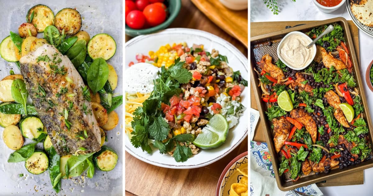 Early fall 30 minute dinners meal plan featuring baked fish, taco bowls, sheet pan fajitas and more.