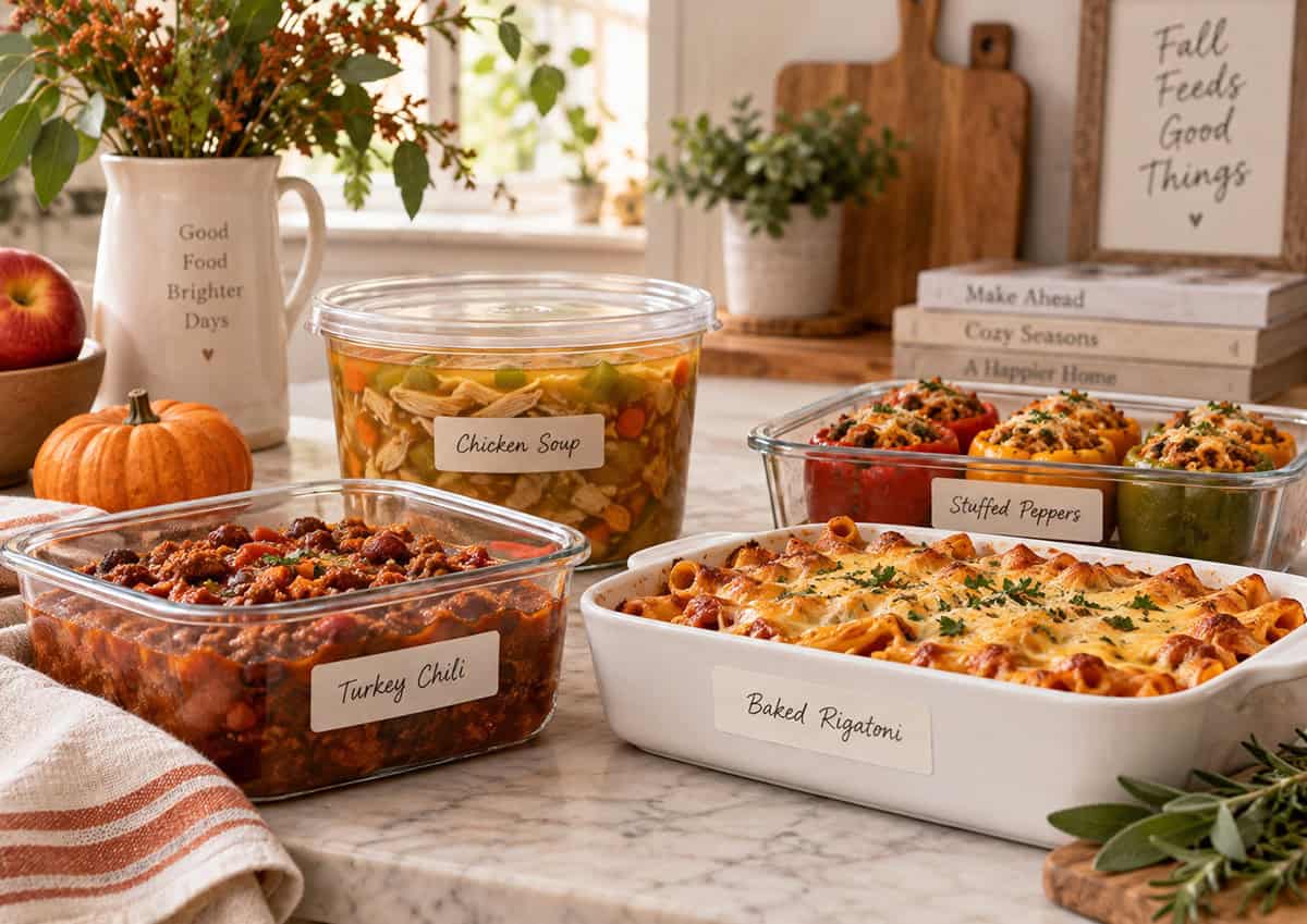 Marble prep counter featuring turkey chili, cheesy chicken enchiladas, cider-braised pot roast, and stuffed peppers for October freezer meal prep.
